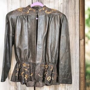 Embroidered Peplum Leather Jacket - Brown
